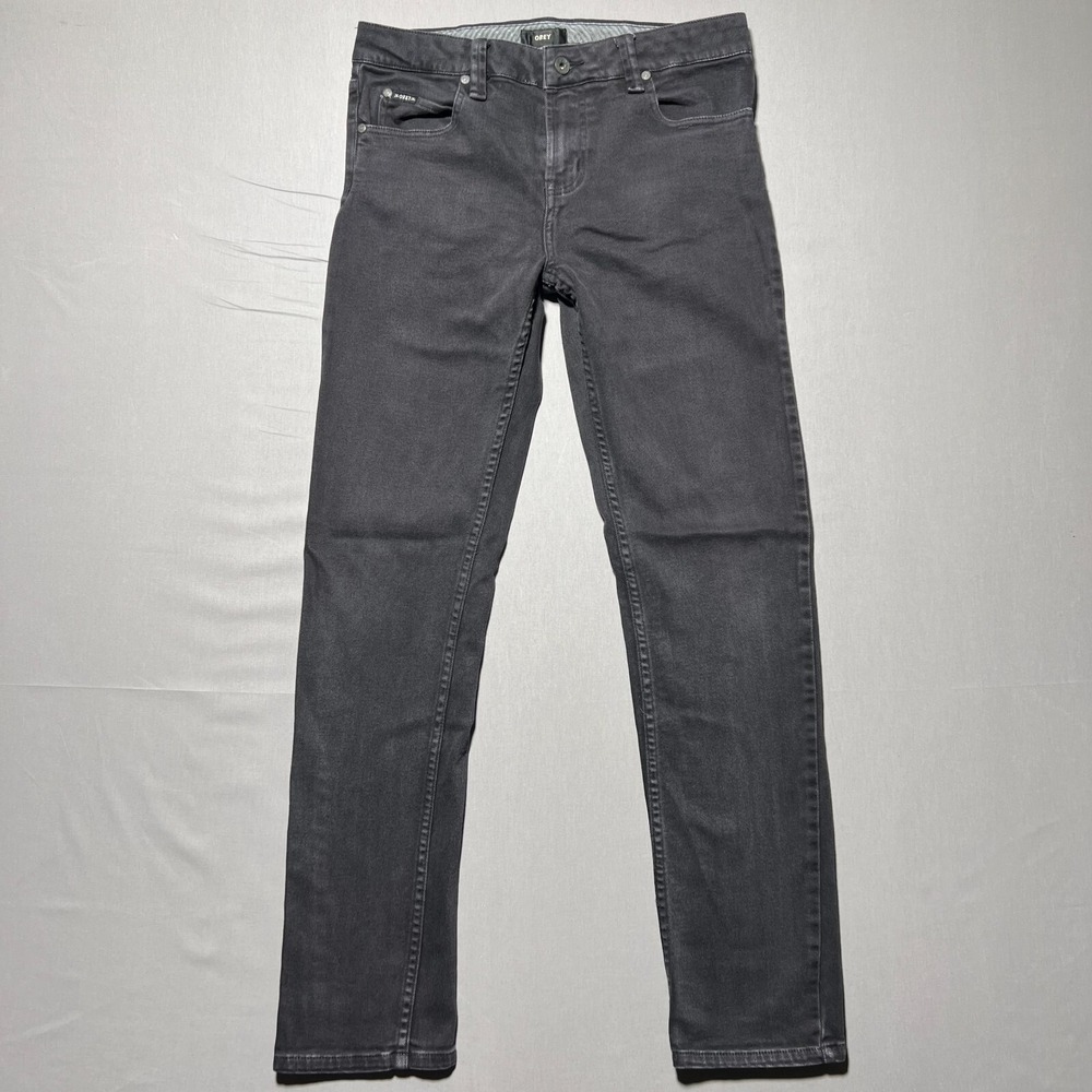 Obey Men's Black Washed Stretch Mid Rise‎ Denim 5-Pocket Straight Jeans Size 32